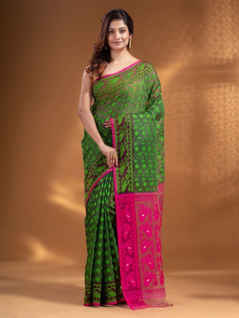 Arhi Green & Pink Ethnic Motifs Silk Cotton Jamdani Saree