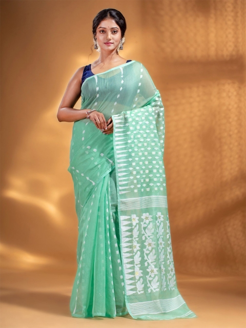 Arhi Green & White Woven Design Silk Cotton Jamdani Saree