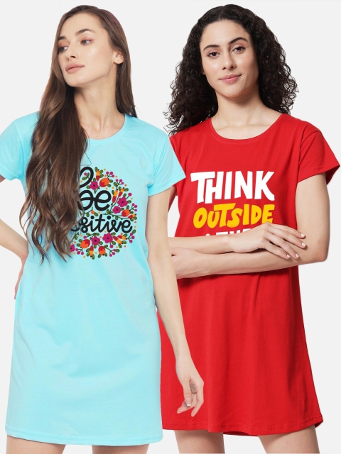 FFLIRTYGO Turquoise Blue Printed Nightdress