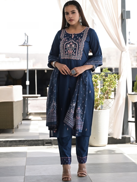Meeranshi Women Navy Blue Yoke Design Pure Cotton Kurta with Trousers & With Dupatta