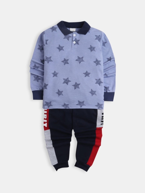 Hopscotch Boys Blue & Navy Blue Printed Pure Cotton T-shirt with Trousers