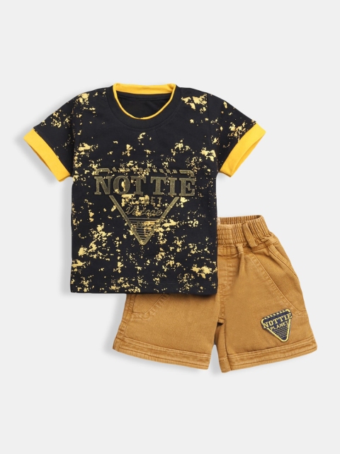 Hopscotch Boys Black & Yellow Pure Cotton Printed T-shirt with Shorts