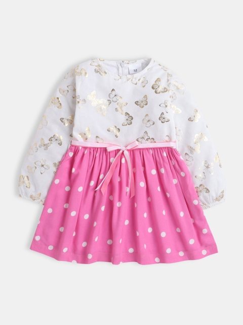 Hopscotch Girls White & Pink Conversational Print Fit & Flare Dress