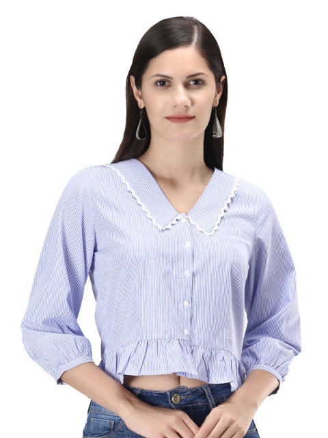 D 'VESH Women Blue Striped Ruffles Shirt Style Crop Top