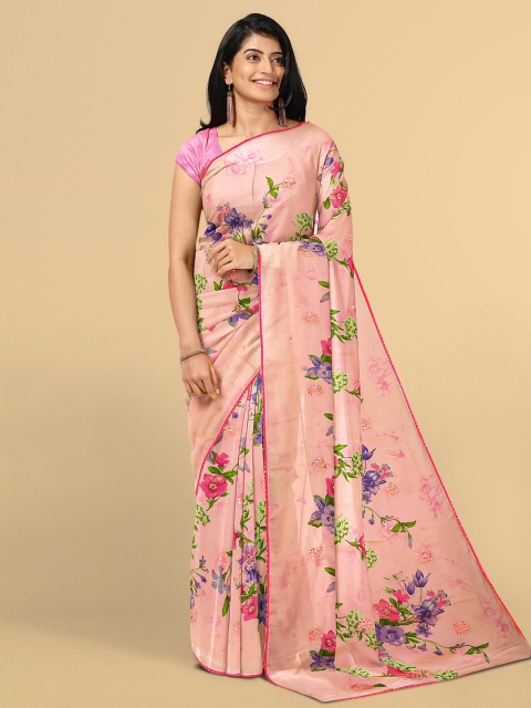 Kalamandir Peach-Coloured & Green Floral Silk Blend Saree