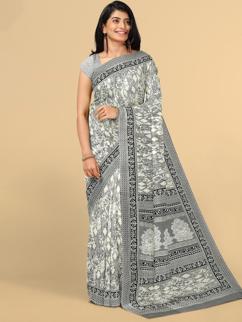 Kalamandir White & Black Floral Silk Blend Saree
