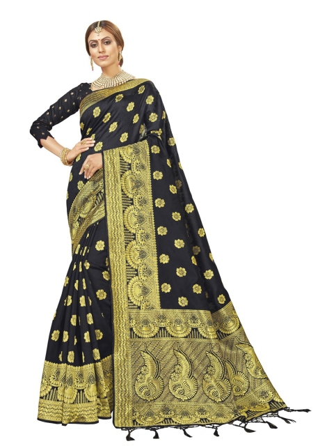 MotiHamir Black & Gold-Toned Floral Zari Silk Blend Paithani Saree