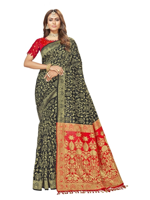 MotiHamir Black & Red Woven Design Zari Silk Blend Banarasi Saree