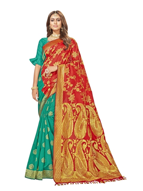 MotiHamir Sea Green & Red Ethnic Motifs Zari Silk Blend Kanjeevaram Saree