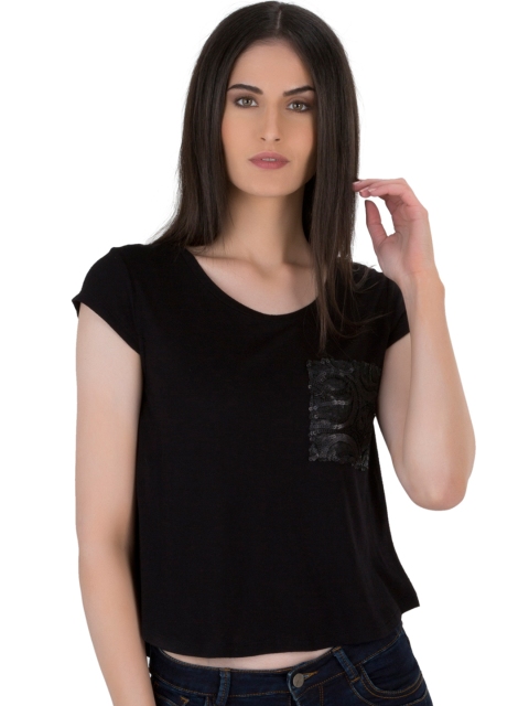 Kazo Women Black Solid Round Neck T-shirt