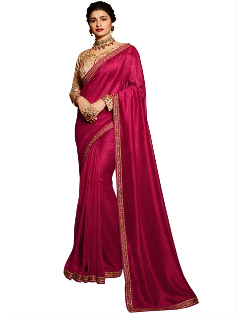 Zainab chottani Women Pink & Gold-Toned Solid Embroidered Border Saree