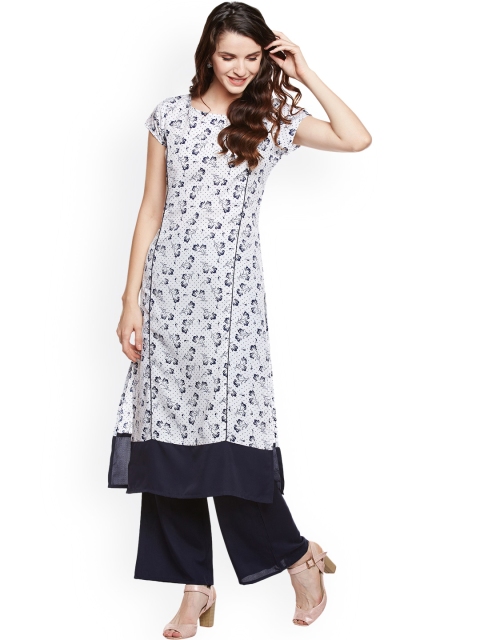 Azira Women White & Navy Printed Straight Kurta
