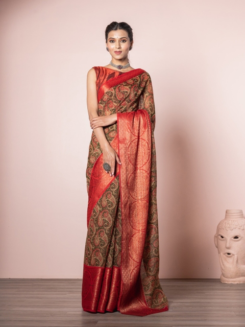 Exclusiva Brown & Gold-Toned Floral Linen Blend Saree