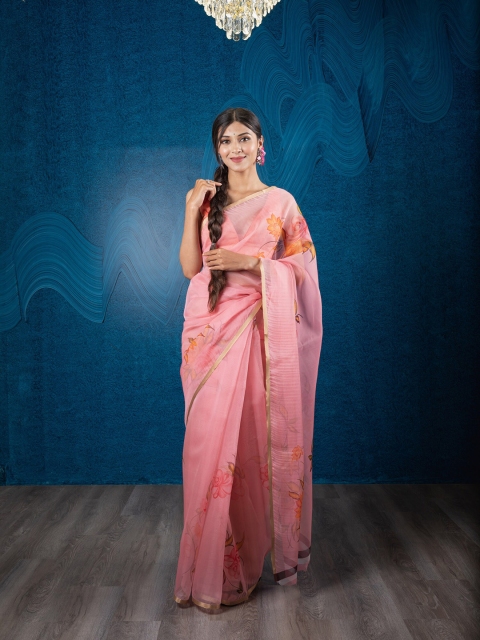 Exclusiva Women Pink & Orange Floral Organza Saree