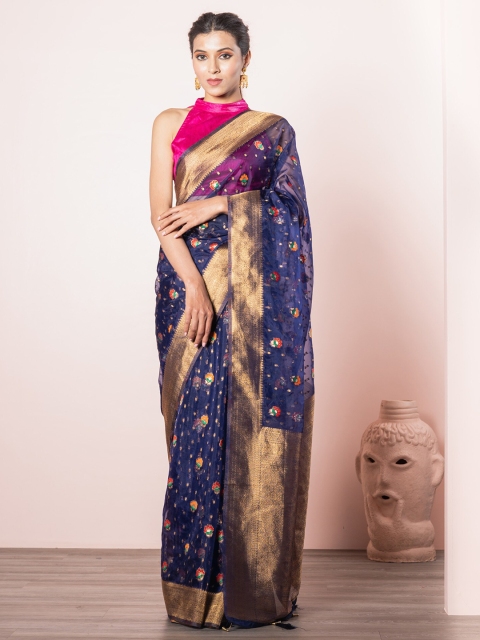 Exclusiva Navy Blue & Gold-Toned Woven Design Zari Organza Saree