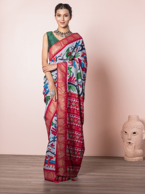 Exclusiva Pink & Blue Ethnic Motifs Silk Blend Patola Saree