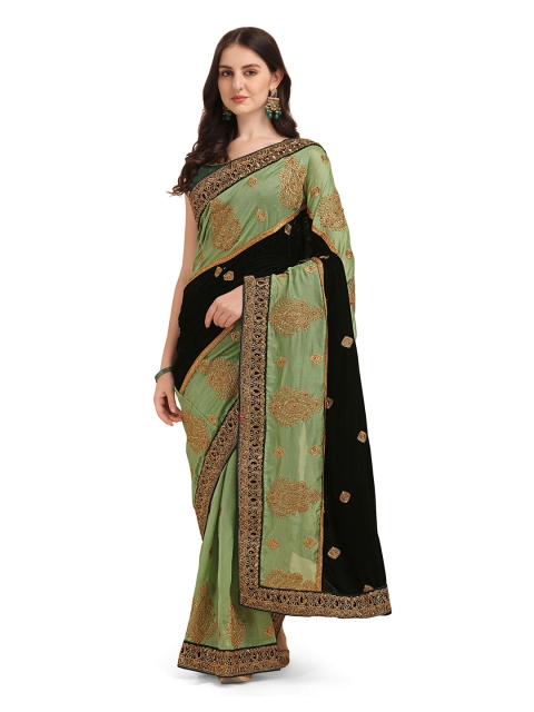 Vaidehi Fashion Green & Gold-Toned Ethnic Motifs Embroidered Velvet Saree