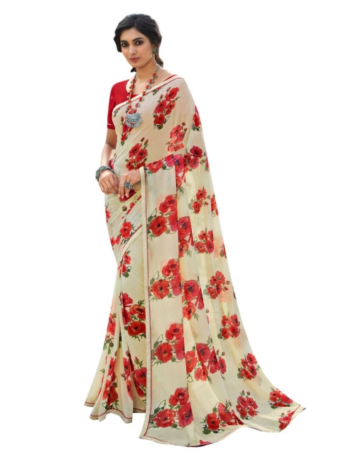 Zainab chottani Cream-Coloured & Red Floral Pure Georgette Block Print Saree