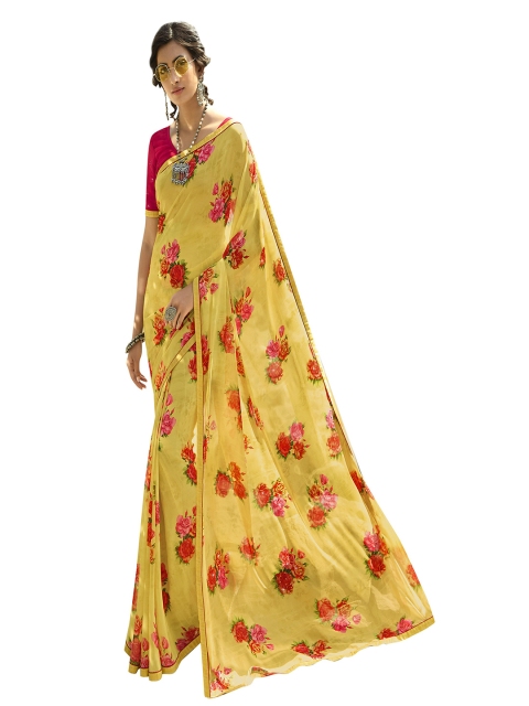 Zainab chottani Yellow & Red Floral Pure Georgette Saree
