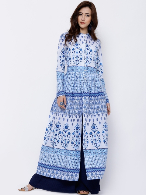 Vishudh Women White & Blue Printed Anarkali Kurta
