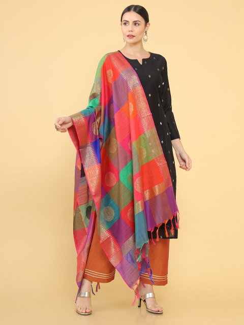 Soch Navy Blue & Orange Pure Silk Unstitched Dress Material