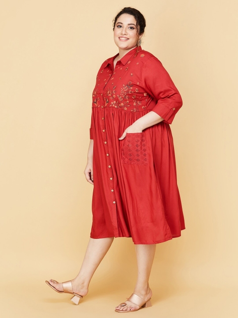 max Plus Size Women Red Printed Shirt Midi Dress