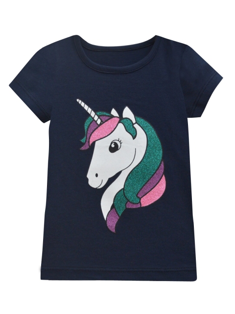 A T U N Girls Navy Blue Printed Pure Cotton T-shirt