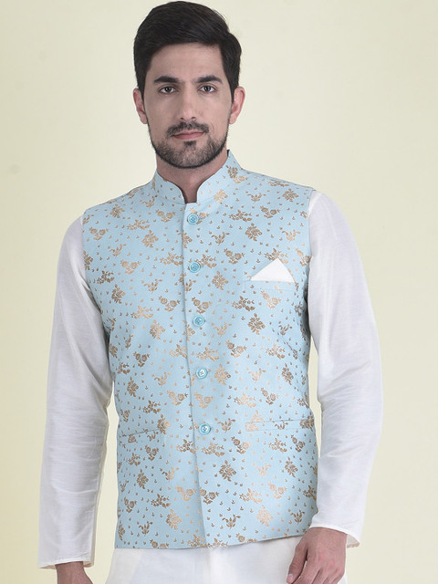 DEYANN Men White Kurta with Trousers & Blue Floral Printed Nehru Jacket
DEYANN Men White Kurta with Trousers & Blue Floral Printed Nehru Jacket