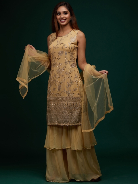 Koskii Women Gold Ethnic Motifs Embroidered Kurta with Sharara & With Dupatta