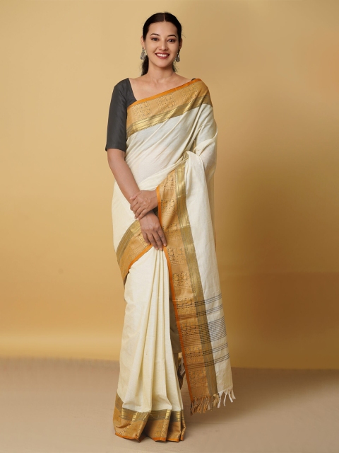 Unnati Silks Cream-Coloured & Gold-Toned Woven Design Zari Pure Cotton Chettinad Saree
Unnati Silks Cream-Coloured & Gold-Toned Woven Design Zari Pure Cotton Chettinad Saree