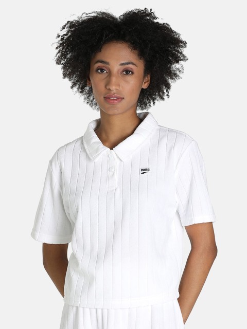 Puma Women White Downtown Towelling Polo Collar T-shirt