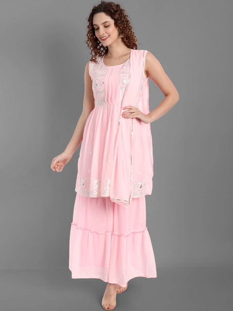 TORONFRAS Women Pink Paisley Embroidered Silk Georgette Kurta with Sharara & With Dupatta