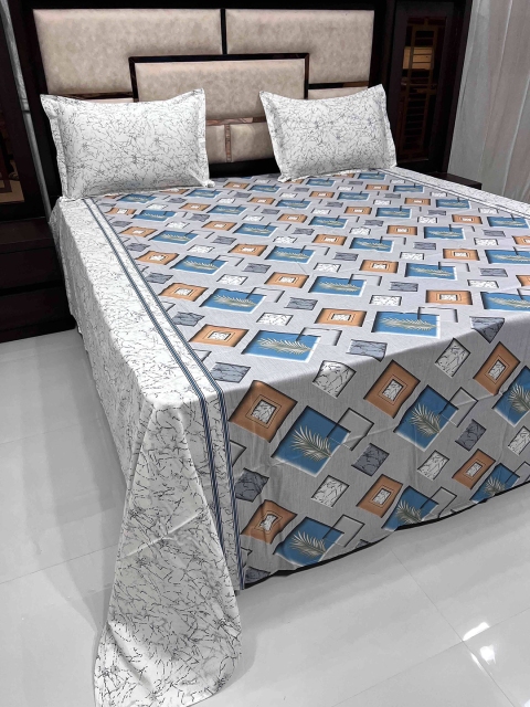 Pure Decor Grey & Blue Geometric King Bedsheet with 2 Pillow Covers