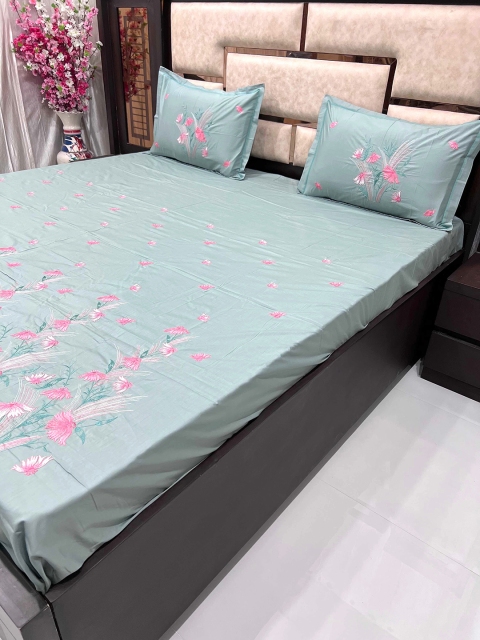 Pure Decor Green & Pink Floral 400 TC King Bedsheet with 2 Pillow Covers