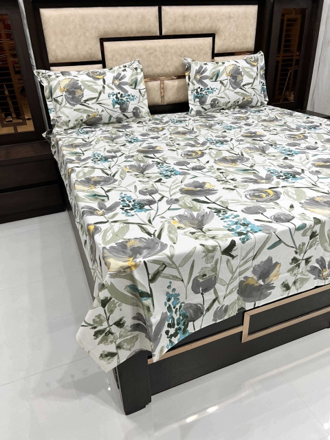 Pure Decor Grey & White Floral 260 TC Pure Cotton Queen Bedsheet with 2 Pillow Covers