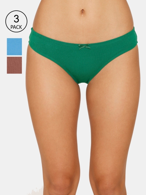 Zivame Women Pack Of 3 Green And Blue Bikini Briefs