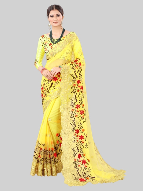 MARUTI ART Yellow & Red Floral Pure Georgette Saree