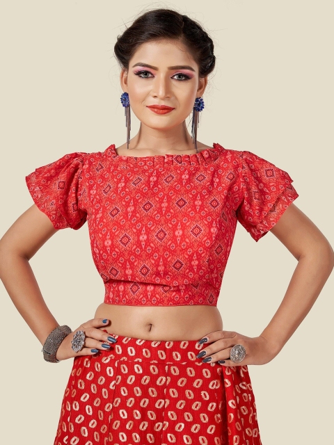 HIMRISE Women Pink Floral Printed Boat Neck Short Sleeve Saree Blouse, Red