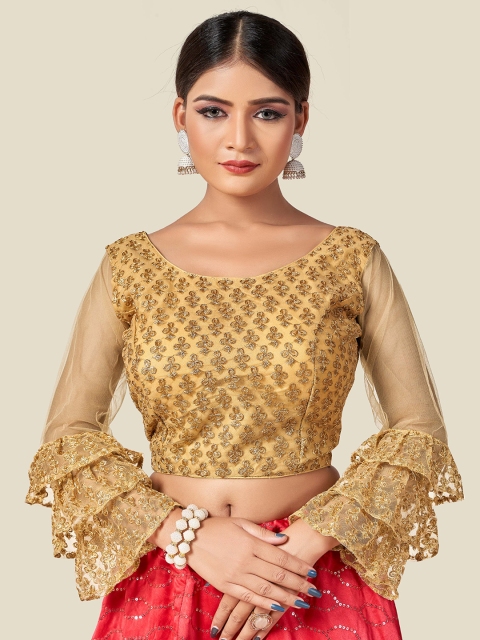 HIMRISE Women Golden Embroidered Gold Ruffle Sleeve Blouse