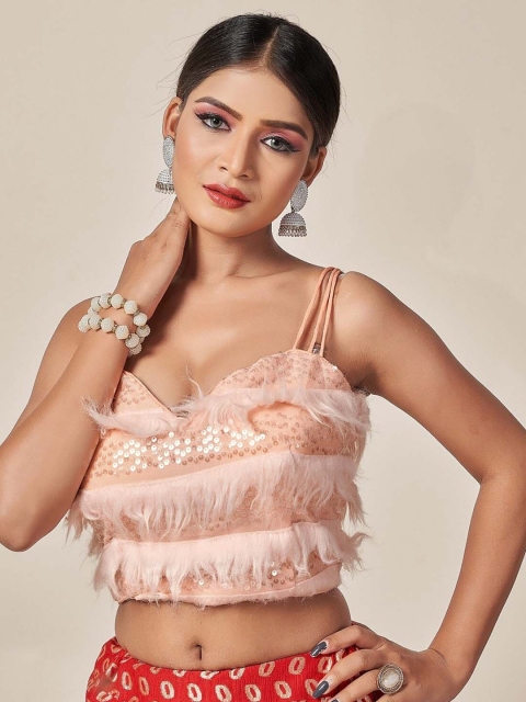 HIMRISE Women Peach Woven Design Silk Saree Blouse