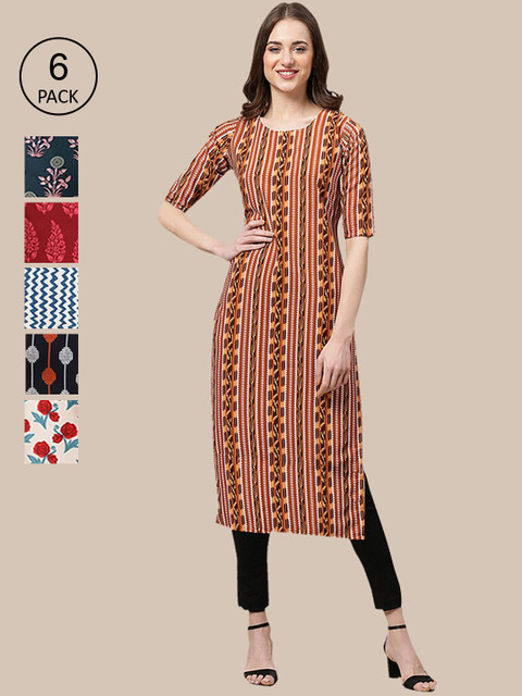 KALINI Women Pack Of 6 Ethnic Motifs Printed Crepe Kurta, Multi
KALINI Women Pack Of 6 Ethnic Motifs Printed Crepe Kurta, Multi