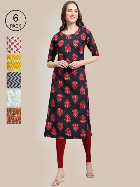 KALINI Women Pack of 6 Multicoloured Ethnic Motifs Printed Crepe Kurta, Multi