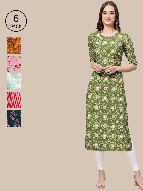 1 Stop Fashion Women Pack of 6 Multicoloured Ethnic Motifs Printed Crepe Kurta, Multi
1 Stop Fashion Women Pack of 6 Multicoloured Ethnic Motifs Printed Crepe Kurta, Multi