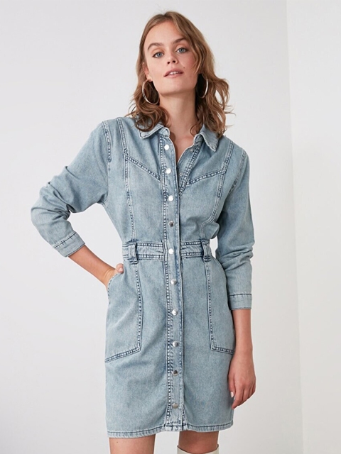 Trendyol Blue Pure Cotton Denim Shirt Dress