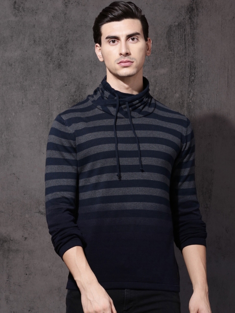Roadster Men Navy Blue & Grey Striped Pullover