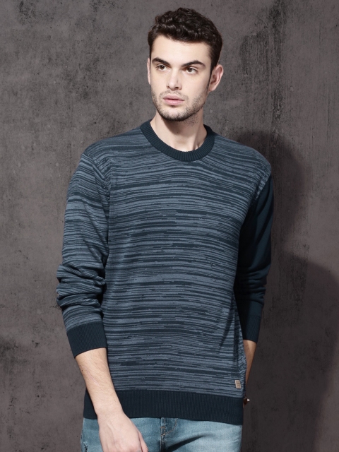 Roadster Men Navy Self Design Pullover, Navy blue