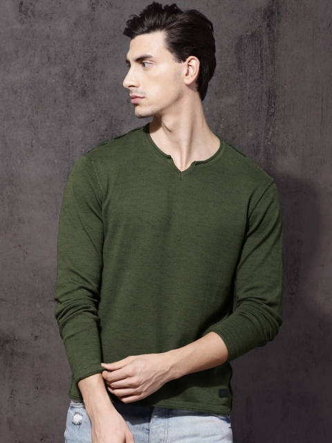 Roadster Men Green Solid Pullover