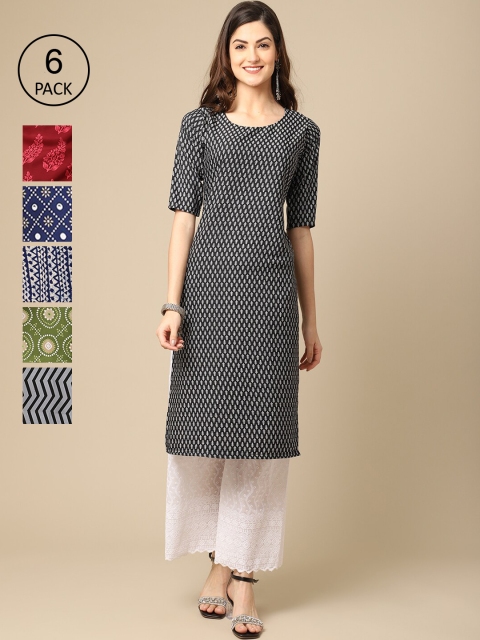 KALINI Women Pack Of 6 Printed Crepe Straight Kurta, Multi