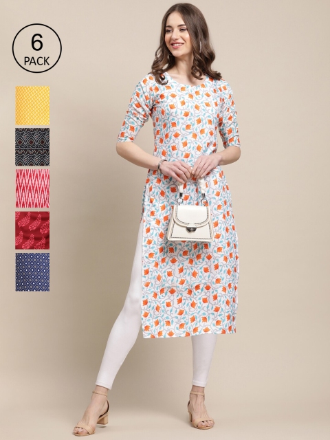 KALINI Pack Of 6 Women Printed Crepe Kurta, White