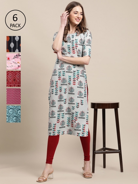 KALINI Women Pack Of 6 Multicoloured Floral Digital Print Straight Kurta, Multi
